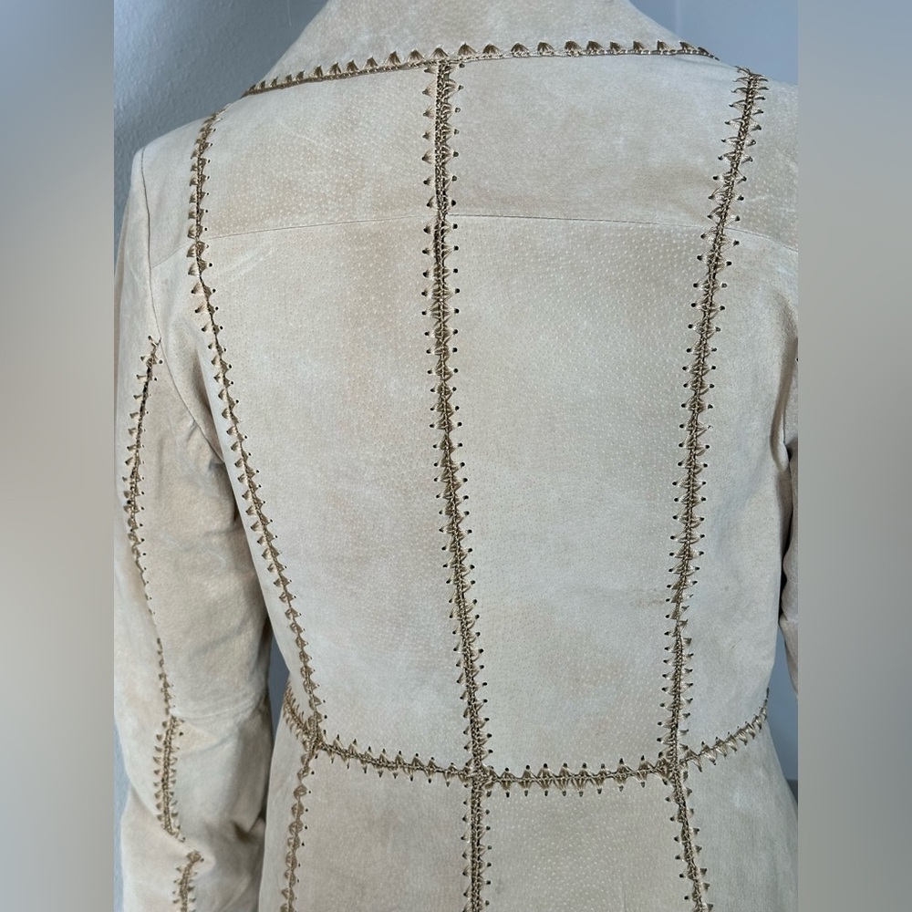 60’s SUEDE PATCHWORK Stylish Beige Women's Trench Coat like new beautiful Size L - Picture 7 of 13